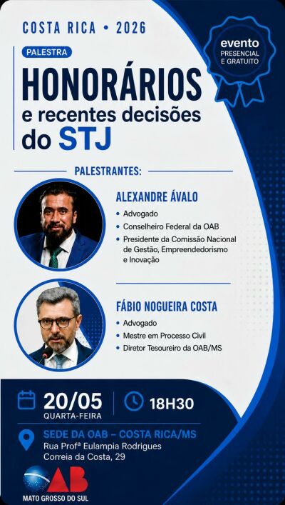 Imagem da notícia OAB de Costa Rica promove palestra gratuita sobre honorários e decisões recentes do STJ